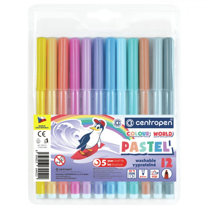 Фломастеры Centropen "Colour World. Pastel", 12цв., трехгранные, 2 мм., смываемые